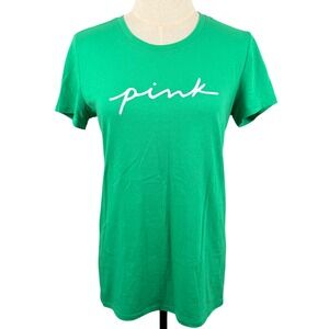 PINK Victorias Secret S T Shirt Green Script Logo Cotton Blend Y2K Sporty EUC